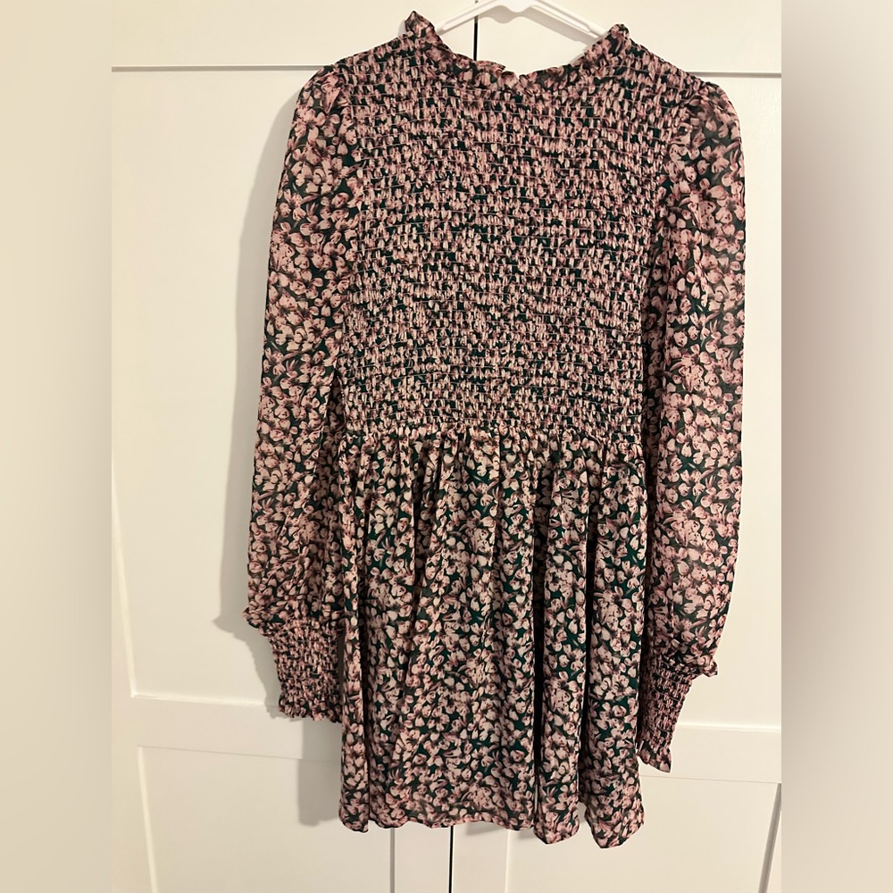 Green dress with pink flowers.  Long sleeve and so comfortable.